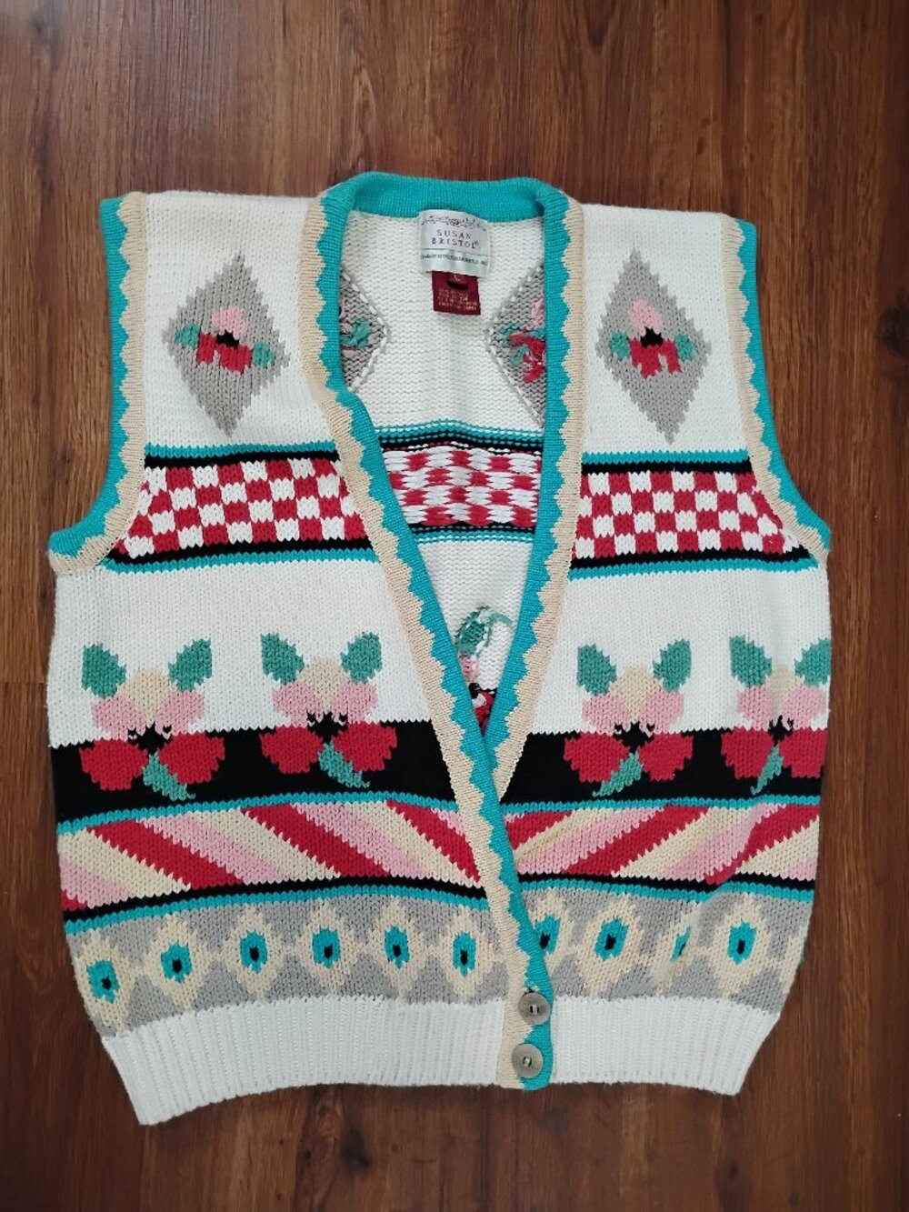 Vintage 90s Susan Bristol Floral Stripes Checker Sweater Vest